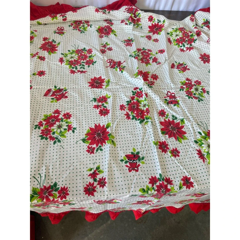 Vintage Christmas Tablecloth Poinsettia Polka Dot Red Ruffle Round 55 Inch